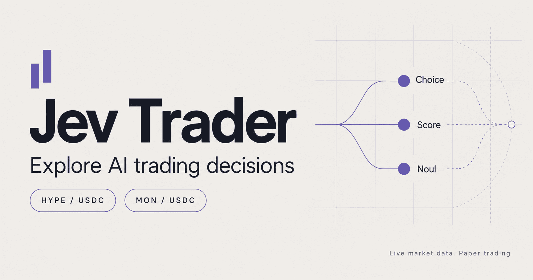 Jev Trader: Choice, Score, Noul을 통한 AI 거래 결정과 HYPE/USDC 및 MON/USDC 모의 거래.